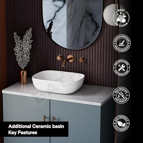 Image of Table Top Ceramic Wash Basin For Bathroom | Rectangular Counter Top Bathroom Sink, Premium Glossy White Above Counter Vanity Basin, Modern Design (18 x 13 x 5 Inch)