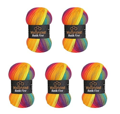 5 x 100g Wollbiene Batik Fine 500 Gramm Wolle mit Farbverlauf mehrfarbig Multicolor Strickwolle Häkelwolle (5910 regenbogen)