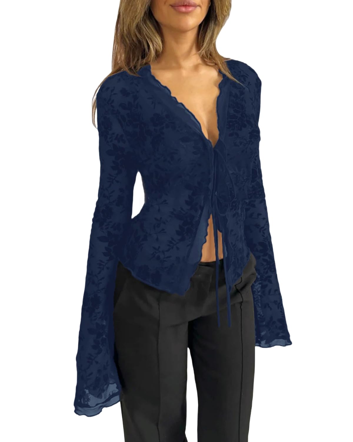 Womens Sheer Mesh Leopard Print Crop Top T Shirt Sexy Lace Deep V Neck Blouse Long Flare Sleeve