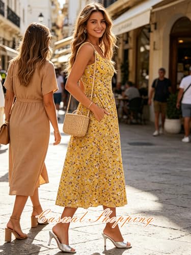 Image of YIOYOLA Womens Casual Summer Dress with Pockets | Sleeveless Square Neck Flowy A-Line Midi Sundress for Beach & Wedding Guest