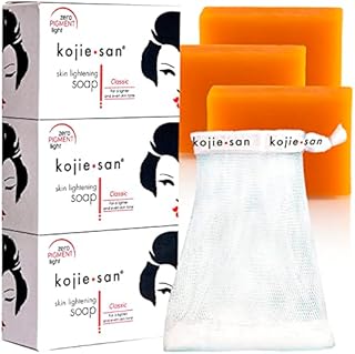 Kojie San Skin Brightening Soap - Original Kojic Acid Soap for Dark Spots, Hyperpigmentation, & Scars - Beauty Bar with Coconut & Tea Tree Oil for Even Skin Tone - 100g x 3 Bars with Exfoliating Net