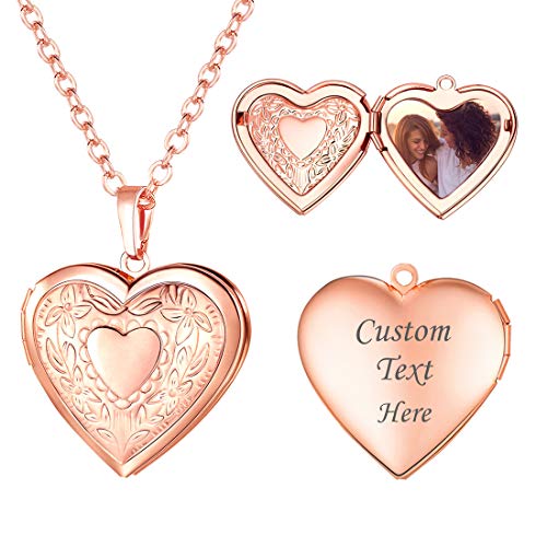 U7 Women Locket Necklace Platinum 14K Gold Photo Lockets that Hold Picture,Chain 20 Inch Personalized Gift Custom Love Heart Image Necklaces 01# Rose