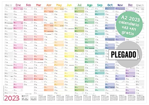 Calendario de pared 2023 A2 (59 x 42 cm) plegado en español para 14 meses diciembre 2022 - Jan 2024 | planificador de pared con visión general de vacaciones y días festivos + calendario extra A3 y A4