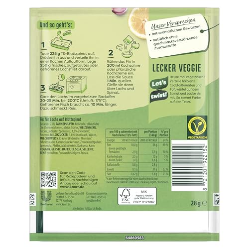 Knorr Fix Würzmischung Lachs auf Blattspinat mit Fisch für ein leckeres Gericht ohne geschmacksverstärkende Zusatzstoffe 2 Portionen