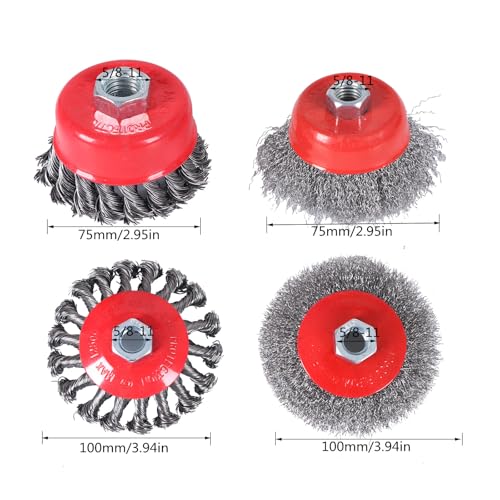 Image of 4Pc Wire Wheel for Angle Grinder Set - 4 inch & 3 inch Wire Cup Brush and Wheel Brush Kit, 5 /8 inch-11 Threaded Arbor, Knotted & Crimped Carbon Steel Wire Brush for Rust, Corrosion and Paint Removal