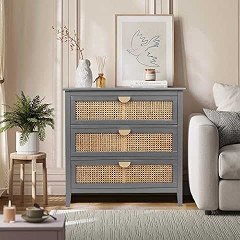 RXRRXY 3 Storage Drawers Dresser Nightstand, Modern Side Table Bedside Furniture with Sturdy Wood Frame for Bedroom, Living Room, Dress Room, Entryway, Nursery, Hallway (Grey) Cover