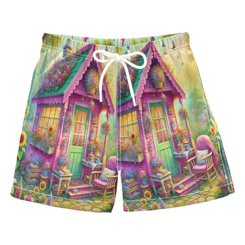 Flowers Sunflowers House Boys Swim Trunks Quick Dry Toddler Swimsuit Boy Swimwear Bathing Suits Board Shorts 2T