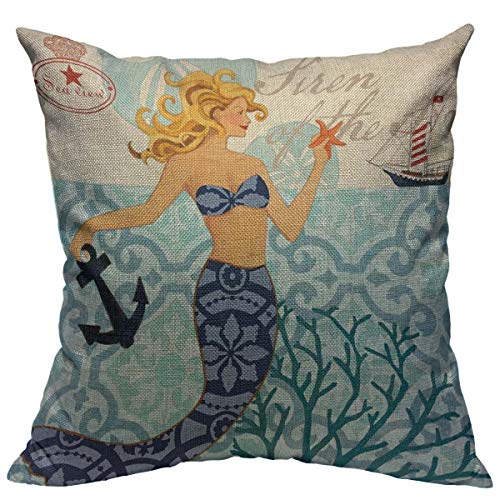 oFloral Mermaid Pillow Square Cushion Cover Home Sofa Bedroom Living Room Decorative 18"X18" Blue Yellow Purple Throw Pillow Cover