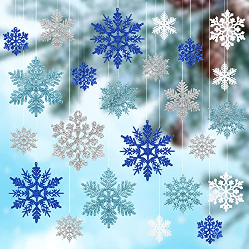 Image of ELECLAND 45 Pcs Glitter Snowflakes Ornament for Christmas Winter Decorations, Hanging Plastic Snowflake for Window Door Christmas Tree, Blue and White