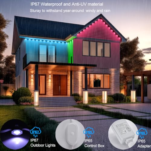 Image of rosykite Permanent Outdoor Lights for House,100ft RGB+IC Color Eave Lights | Tunable Warm to Cool White 60lm for Daily Lighting,Super Bright, IP67 Waterproof, Alexa Google APP Remote Control