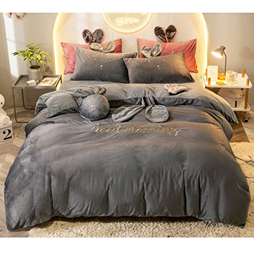 Jiaquhome 4-Piece Duvet Cover And Pillowcase Set Bedding Bunny Ears Children's Quilt Cover Cartoon Double-Sided Thickening Velvet Girl Princess,Grey,King #TOP1
