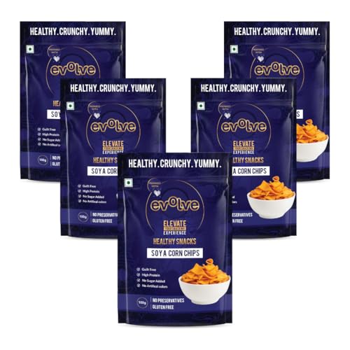 Image of Evolve Soya Corn Chips Healthy Snacks for Kids, Adults | Gluten Free, High Protein, Vacuum Cooked, No Preservatives, Delicious Crunchy Snack - 100g Pack of 5