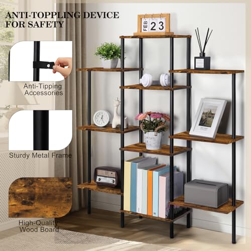 Shinoske 4-Tier Bookshelf,Small Triple Wide Bookcase for Books,CDs,Movies,Display Shelf with 10 Open Shelves for Living Room,Home Office,Balcony,Rustic Brown