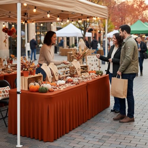 Image of HolidayIdeas 4 Pack Spandex Table Skirts for 6 Foot Rectangle Table, Bulk Fitted 30x72 Inch Stretch Covers for Banquets, Craft Fairs, Rust