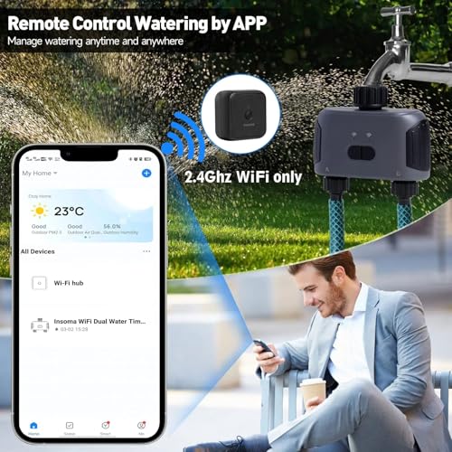 Timer per acqua, timer per irrigazione WiFi a doppia porta, timer automatico intelligente con controllo app, ritardo pioggia e visualizzazione del livello della batteria