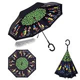 Intency Double Layer Wind Proof,UV Proof Reverse Folding Inverted Umbrella Travel Umbrella with C Shape Handle and Carrying Bag-Travel