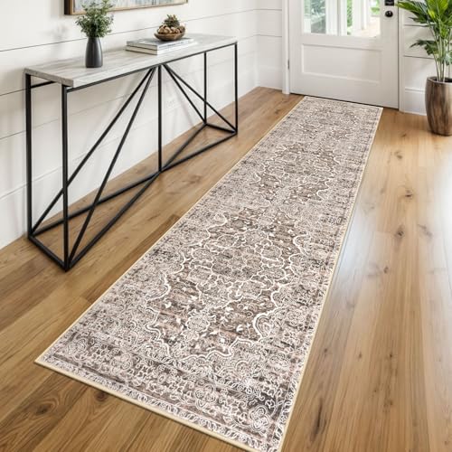KUTA Vintage Washable Runner Rug, 2x8 Brown Runners for Hallways Non-Slip Kitchen Rugs Ultra Soft Printed Distressed Floral Medallion Carpet for Bedroom Living Room Nursery Playroom