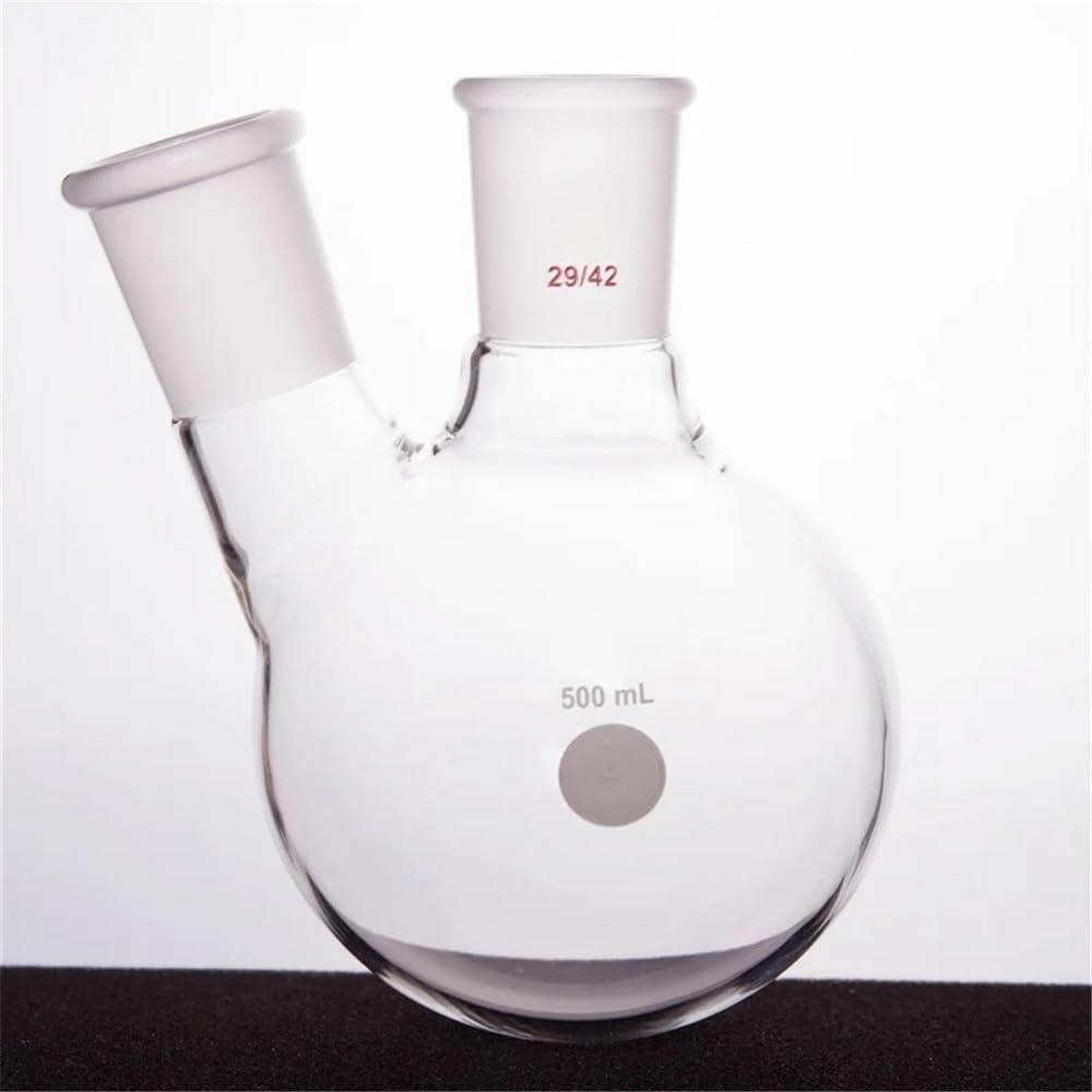 Laborglaswaren Dickwandige, schräge Flasche mit zwei Hälsen, Form eines Zweihalskolbens, Fassungsvermögen 500 ml, Borosilikatglas, F41(500mL-F414509)