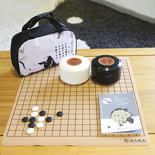 SongYun Travel Go Set Single Convex Ceramic Stones with 13x13 / 19x19 Roll Up and Foldable Chessboard Black and White Go Jar Classic Strategy Board Game (Baduk/Weiqi)