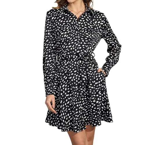 Image of Women's Long Sleeve Button Up Midi Belt Shift Collar Dress with Pockets for Work Office Business