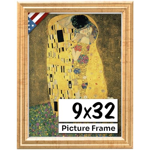 Antique Gold 9x32 Picture Frame .75" Inch Wide - Gold Wall Decor Handmade Solid Wood Frames with Preinstalled Hangers and UV Blocking Plexiglass 32x9 Frame