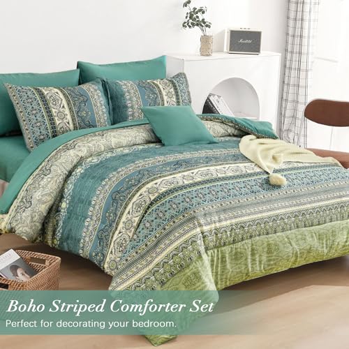 Image of Cottolester Boho Queen Comforter Set 8 Pieces,Green Bohemian Comforter Paisley Striped Bed in A Bag,Soft Microfiber Bedding Set for All Season