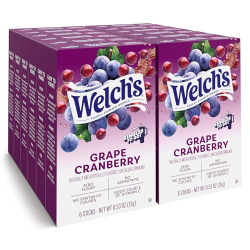 Welch’s Singles To Go! Sugar Free Drink Mix, Grape Cranberry Water Flavor Packets, No Aspartame, No Artificial Dyes, Low Calorie, 72 Sticks (12 Boxes, 6 Each)