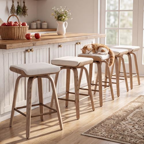 Image of HNY 26 inch Swivel Bar Stools Set of 5, Backless Counter Height Bar Stools with Removable Linen Cushion, 360 Swivel Wooden Saddle Stools with Footrest for Kitchen Island, Home Bar & Small Spaces