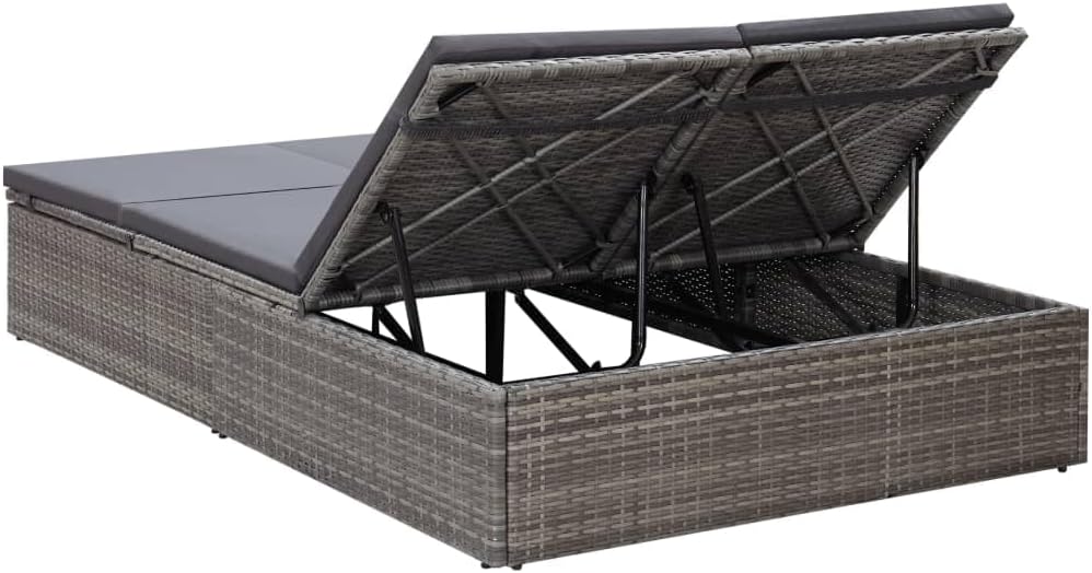 Outdoor Beds Double Sun Lounger with Cushion Poly Rattan Gray,Adjustable Rattan Sun Lounger with Removable Cushions for Patio and Backyard Relaxation Beds for Patio, Lawn & Garden