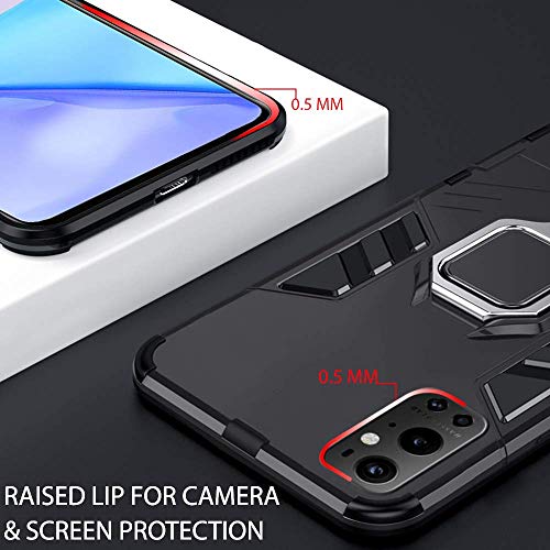 Image of WOW IMAGINE Shock Proof Back Case Mobile Cover for 1+ OnePlus 9 Pro 5G (Armor | Hybrid PC + TPU | Full Protection with Ring Holder Kickstand | Carbon Black)