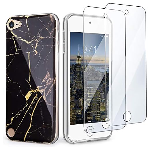 IDWELL iPod Touch Case with 2 Screen Protectors, iPod 7 iPod 6 iPod 5 Marble Case, Slim FIT Anti-Scratch Flexible Soft TPU Bumper Hybrid Shockproof Protective Case for iPod Touch 5/6/7th, Black Marble