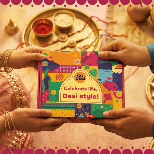Image of GO DESi Rakhi Set For Brother - 18 Items | Fun Gift Box | Evil Eye Stone Rakhi by Japam | Dark Choco Kaju Katli | Roli Chawal Set | Desi Popz | Coconut Barfi | Fruti Twist | Rakhi For Brother| Gifts for Raksha Bandhan | Raksha Bandhan Gift Hamper