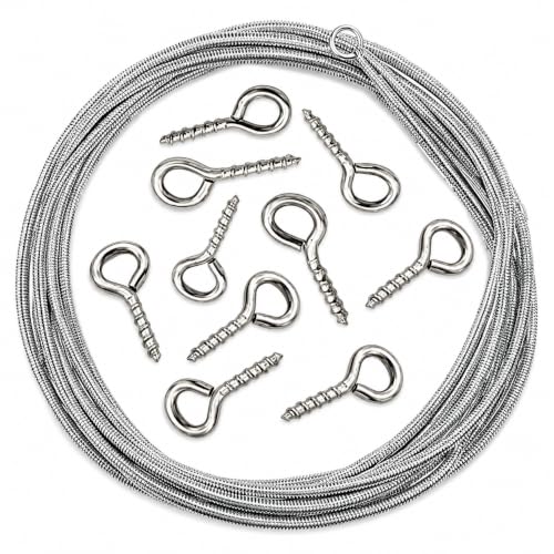 Image of Livshine Spring Curtain Wire 2 Meter with 8 Screw Eye Hooks, Flexible Metal Curtain Hanging Wire Kit for Windows, Cafe Curtains, Photo Display, String Lights and Decor
