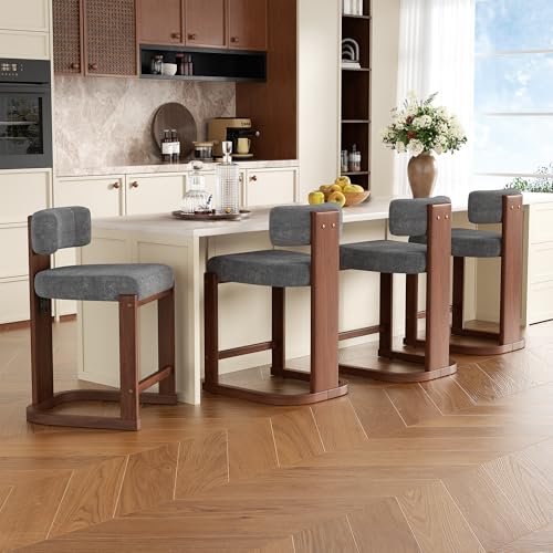 Image of Bar Stools Set of 4, Upholstered Counter Height Bar Stools, Mid Century Modern Counter Stools with Curved Backrest, Solid Wood Legs, 26 inch Bar Chairs for Kitchen Island Bar, Dark Grey