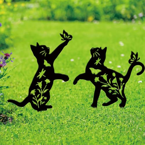 SUPERDANT 2 Pezzo Di Decorazione Da Giardino in Metallo per Gatti Che Giocano Con I Gatti Silhouette Nera Arte Decorazione per Esterni Animali Paletti Da Giardino in Metallo Ornamenti per Il Prato
