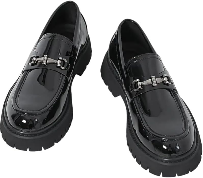 Men's Classic Loafers - All-Season Solid Color Slip-On Dress Shoes with Faux Upper, Round Toe, Rubber Sole for Daily, Party, Wedding - Casual Korean Style Thick Sole Glossy Footwear