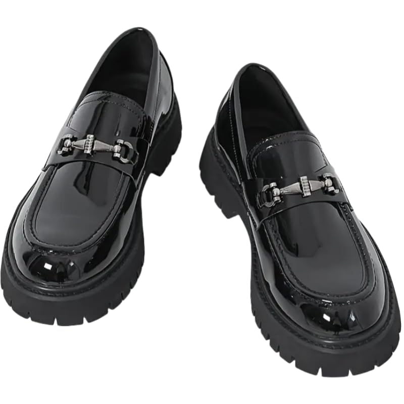 Men's Classic Loafers - All-Season Solid Color Slip-On Dress Shoes with Faux Upper, Round Toe, Rubber Sole for Daily, Party, Wedding - Casual Korean Style Thick Sole Glossy Footwear