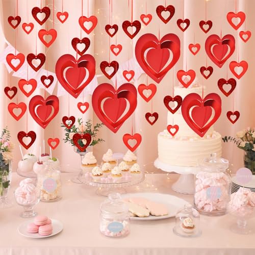 Image of 46 Pcs Valentine's Day Hanging Heart Ornament Decorations, Red Love Glitter Swirl Hollowed Heart Decorations for Tree Ceiling Romantic Bridal Shower, Wedding, Engagement, Anniversary