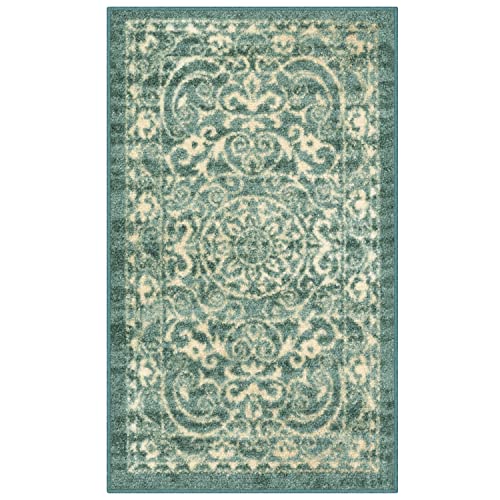Maples Rugs Pelham Vintage Medallion Area Rugs - Made in USA - Washable, Non-Slip, Low Profile Indoor Rug for Entryway, Foyer, Kitchen, and Bathroom, 1'8 x 2'10, Light Spa