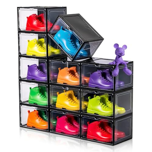 CKHXR 12 Pack Black Shoe Boxes Stackable,Large Shoe Storage Organizer with Magnetic Door,Drop Side...