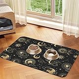 Vintage Gold Sun Moon Star Cloud Pet Food Mat,Absorbent Cat Dog Food Mat for Floors Waterproof,Pet Feeding Mat for Cat Food and Water Bowls Rubber Base,Puppy Placemat Accessories