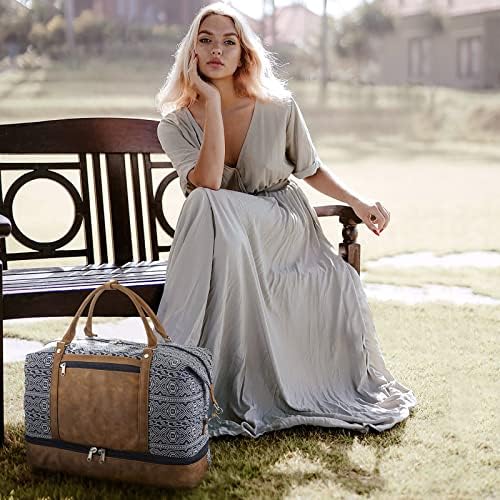 Newshows Women Weekender Bag Canvas Overnight Duffel Travel Tote with PU Leather Shoe Compartment Luggage Tag 7 Newshows Women Weekender Bag Canvas Overnight Duffel Travel Tote with PU Leather Shoe Compartment Luggage Tag