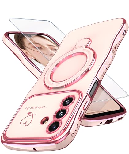 Yucenx for Samsung Galaxy A17 Case with Screen Protector, Cute Curly Wave Wavy Shape Love Heart Pattern for Girls and Women, Luxury Soft-Plated Gold Edge Shockproof Protective Cover for A17 5G - Pink