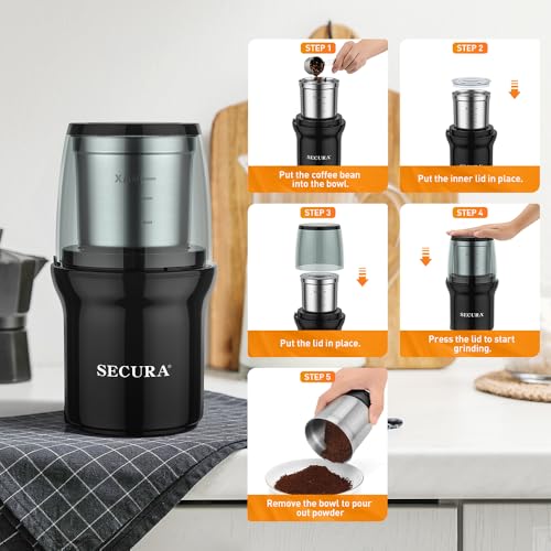 Image of Secura Electric Coffee Grinder and Spice Grinder with Stainless Steel Blades, 2 Removable Bowls, Black