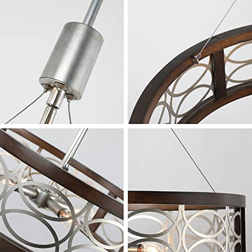 Drum Chandeliers Modern Farmhouse Dining Room Light Fixtures Over Table, 4-Light Brown Wood + Silver Chrome Metal Rustic Round Pendant Light Ceiling Hanging For Kitchen Island Foyer Entryway Bedroom #TOP4