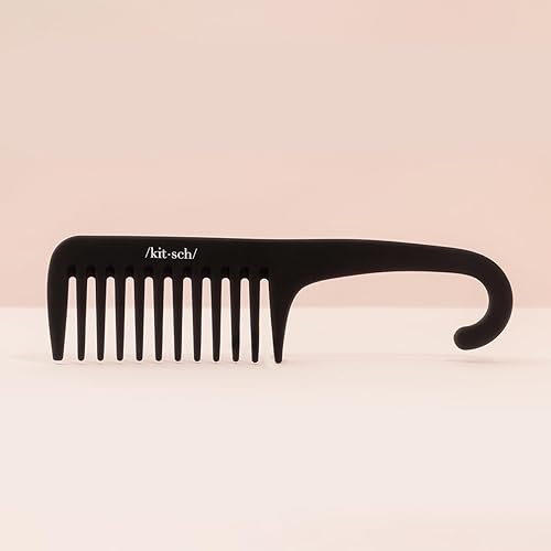 Miniatura 6 de Kitsch Peine desenredante de dientes anchos, mango curvado para cabello rizado, húmedo y grueso, peine de ducha negro para mujer