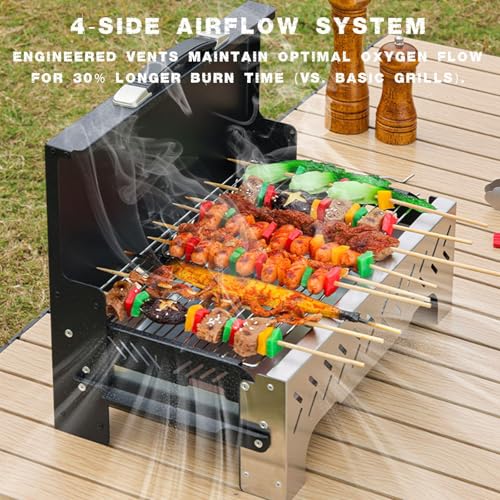 Griglia portatile a carbonella, senza montaggio, con maniglia per il trasporto con una sola mano, design antivento e anti-fumo, piccolo barbecue pieghevole per campeggio, tailgating, picnic