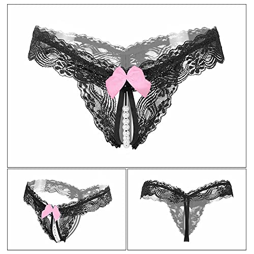 6er Pack Damen String Ouvert Mit Perlen Blume Loch Set, Schwarz Niedrige Taille Spitze Sexy Tanga Unterwäsche Mit Offenem Schritt, G-String Reizwäsche Thongs V-String Höschen – Bild 3