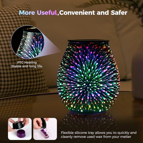 Image of Inrorans Glass Electric Wax Melt Warmer Oil Burner with Stable Heating PTC Reusable Silicone Tray 7 Colorful Changing Led Light Night Light Scent Warmer for Home Fragrance Warmers-Fireworks Timer