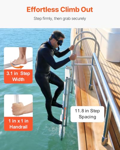 Image of VEVOR Retractable Dock Ladder, 5 Steps, Aluminum Alloy Pontoon Boat Swim Ladder with Auto-Lift Float, Non-Slip Wide Steps, Adjustable Height, 500 lbs Weight Capacity, for Lake Swimming, Pool, Boat